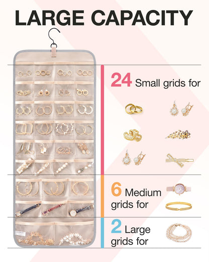 BAGSMART Hanging Jewelry Organizer Storage Roll with Hanger Metal Hooks Double-Sided Jewelry Holder for Earrings, Necklaces, Rings on Closet, Wall, Door, 1 piece, Medium, Pink