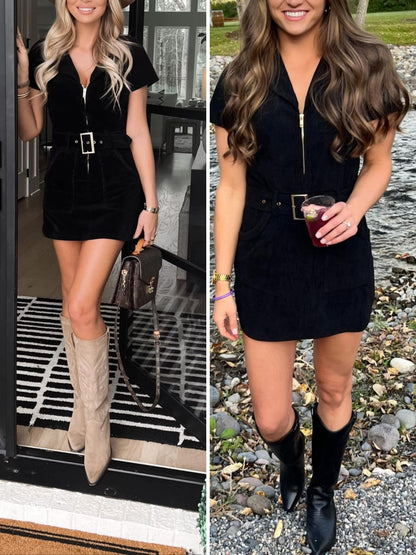 Doshoop Women's Corduroy Mini Dress Short Sleeve Cowboy Dresses