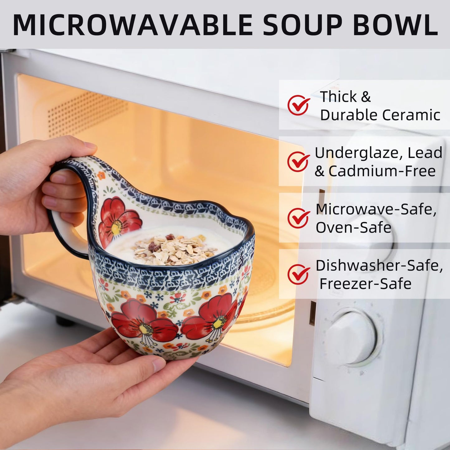 ALMA Handpainted Microwavable Soup Bowl with Loop Handle 18.6oz, Cereal Bowl With Handle Great for Berry, Fruits, Chili, Stew, Ice cream,Floral Soup Mug for Women