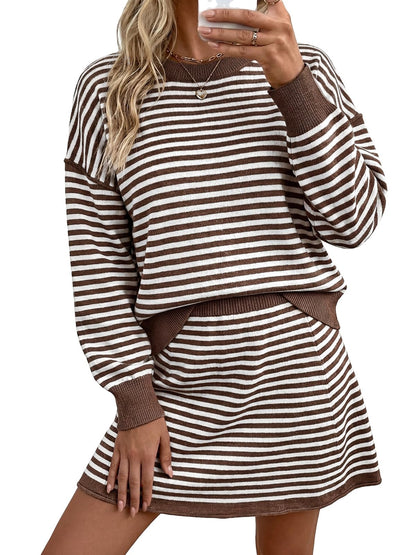 Tankaneo Women 2 Piece Striped Sweater Skirt Set