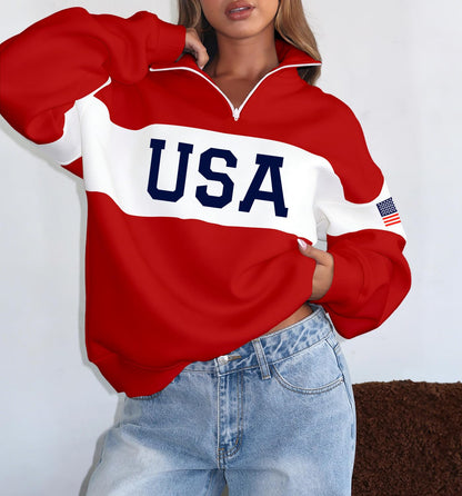 LEEDYA Women Long Sleeve American Flag Sweatshirts Half Zip USA Sweater