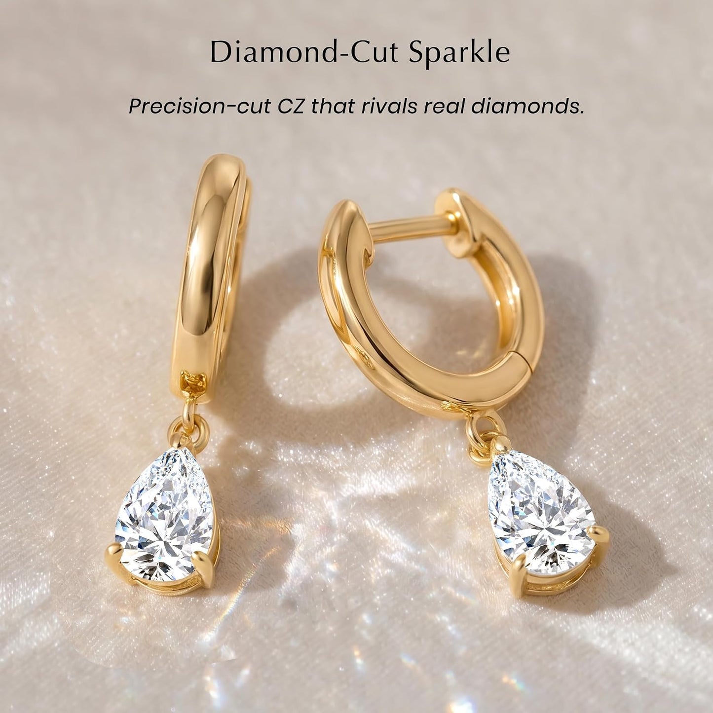 ASHINE Diamond Look Pear Huggie Earrings, 14K Gold Plated CZ Drops