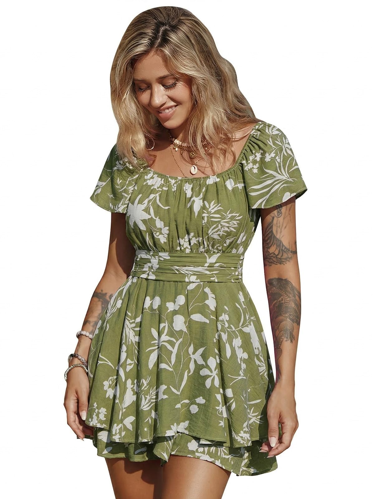 Exlura Women's Summer Ruffle Short Sleeve Tie Back Romper Dress Square Neck a Line Cute Dressy Short Jumpsuits