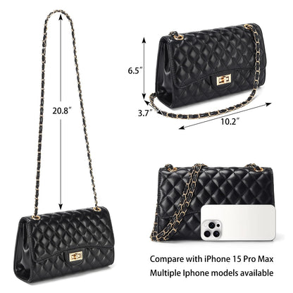 Quilted Leather Crossbody Bags for Women Trendy Ladies Shoulder Purse Satchel HandBag with Chain Strap