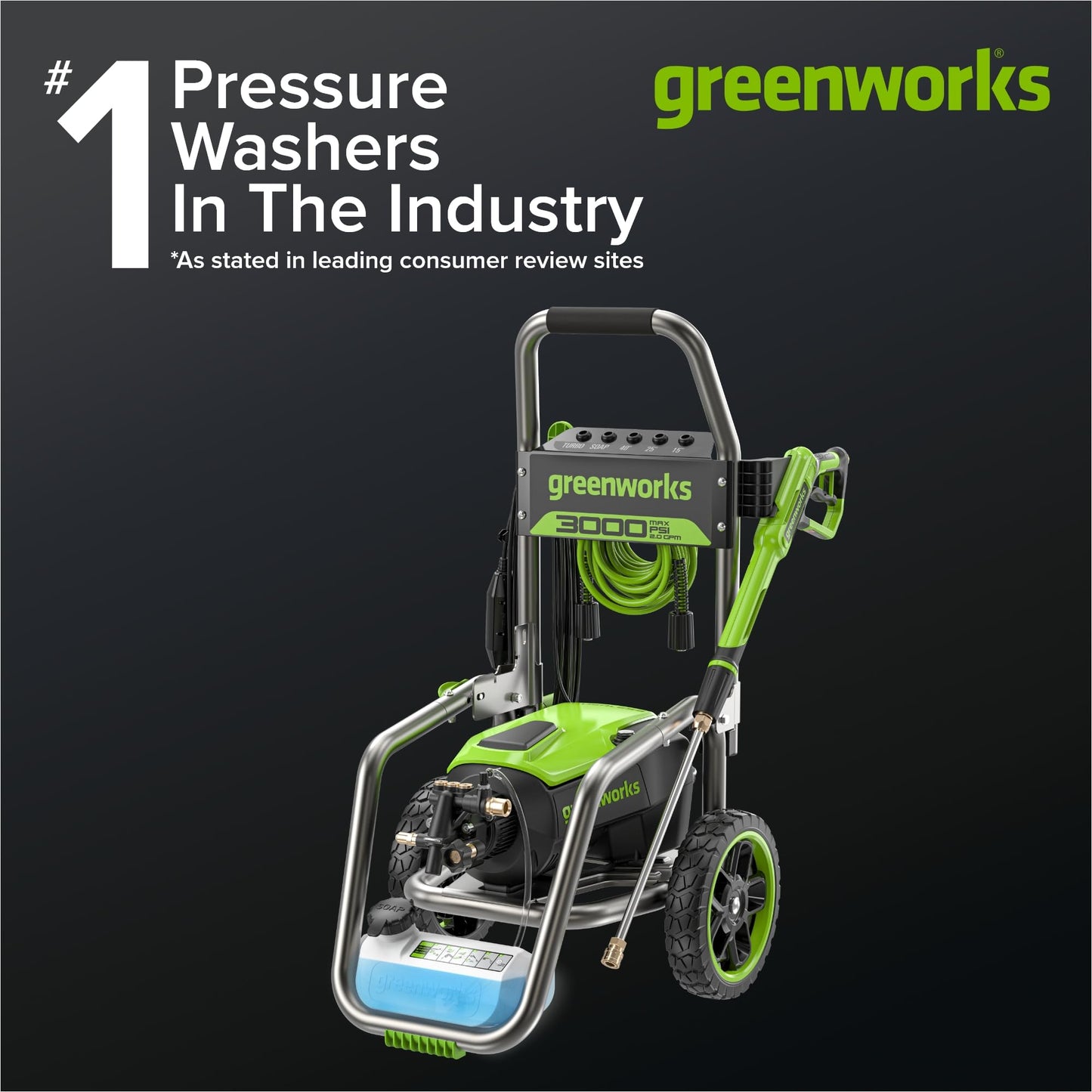 Greenworks 3000 PSI (2.0 GPM Max) Brushless Electric Pressure Washer (15°, 25°, 40°, Turbo and Soap Nozzle) for Use On Decks, Fences, Driveways, Sidewalks, Siding & More. Heavy-Duty