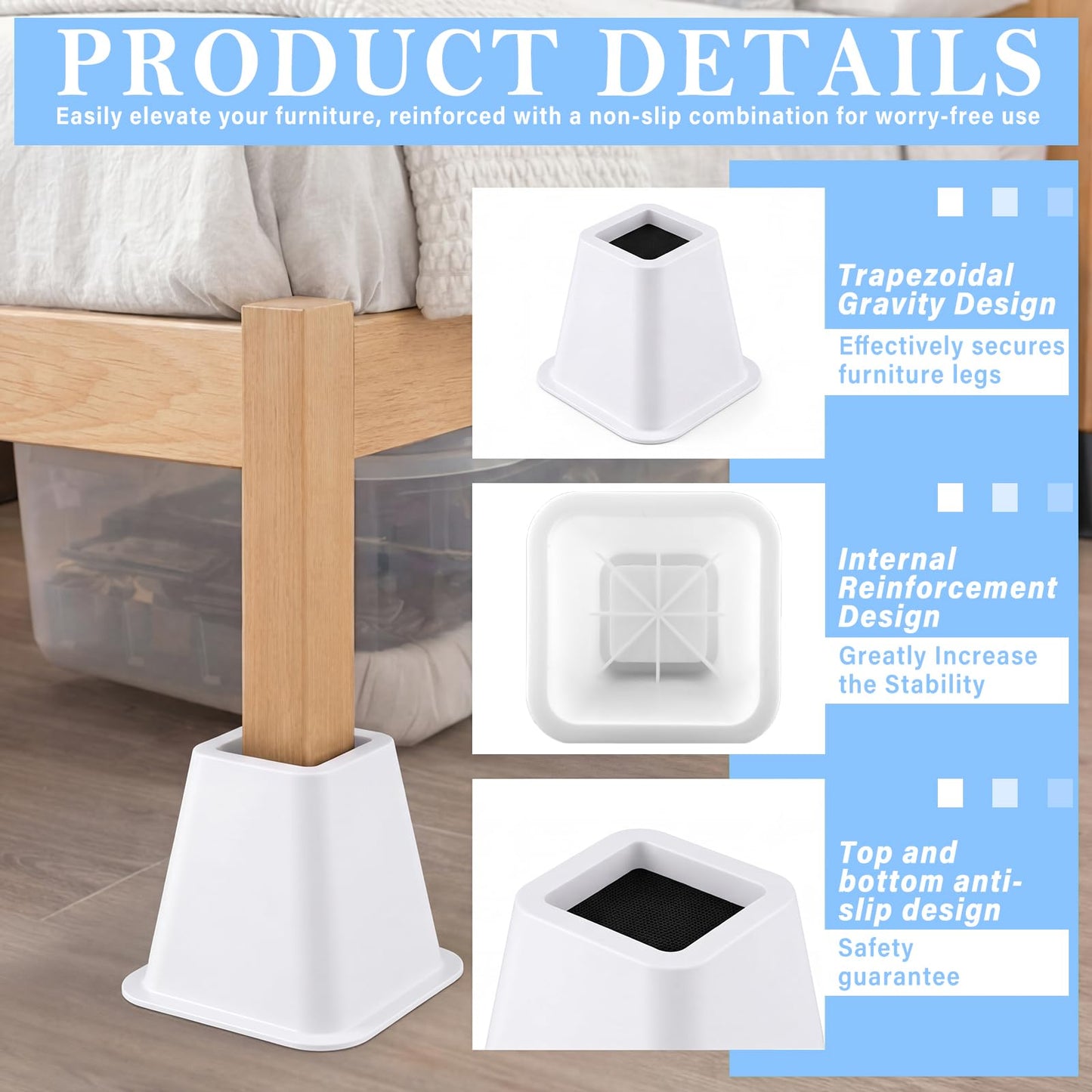 Novabright 4 Pack 12 Inch College Dorm Bed Risers Heavy Duty Extra Plastic Dorm Bed Extender Stackable Furniture Risers for College Room Storage Sofa Table Desk Couch Chair(White)