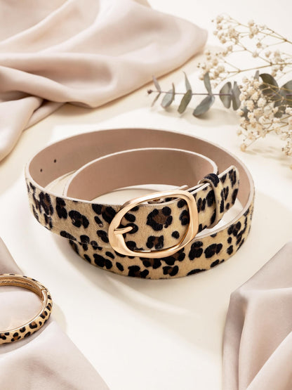 Leopard Print Leather Belt for Women, Gold Buckle, 1.46“