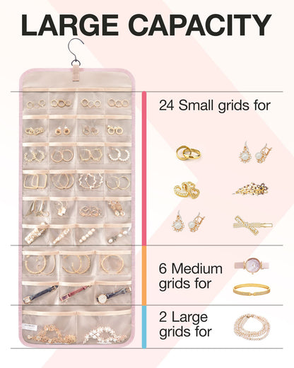 BAGSMART Hanging Jewelry Organizer Storage Roll with Hanger Metal Hooks Double-Sided Jewelry Holder for Earrings, Necklaces, Rings on Closet, Wall, Door, 1 piece, Medium, Pink