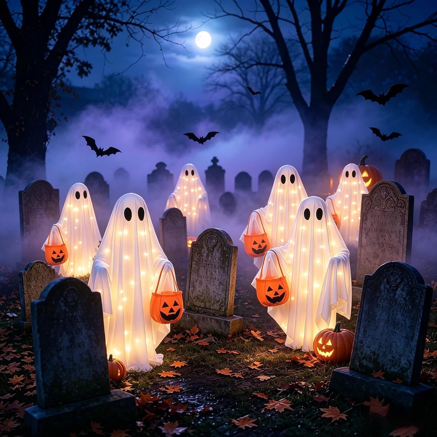 Solar Ghost Halloween Lights 2Pack Hanging Stake Yard Decor | Solar glowing ghost decor, rainproof, dual mount. Perfect lawn porch decor for Halloween fans.