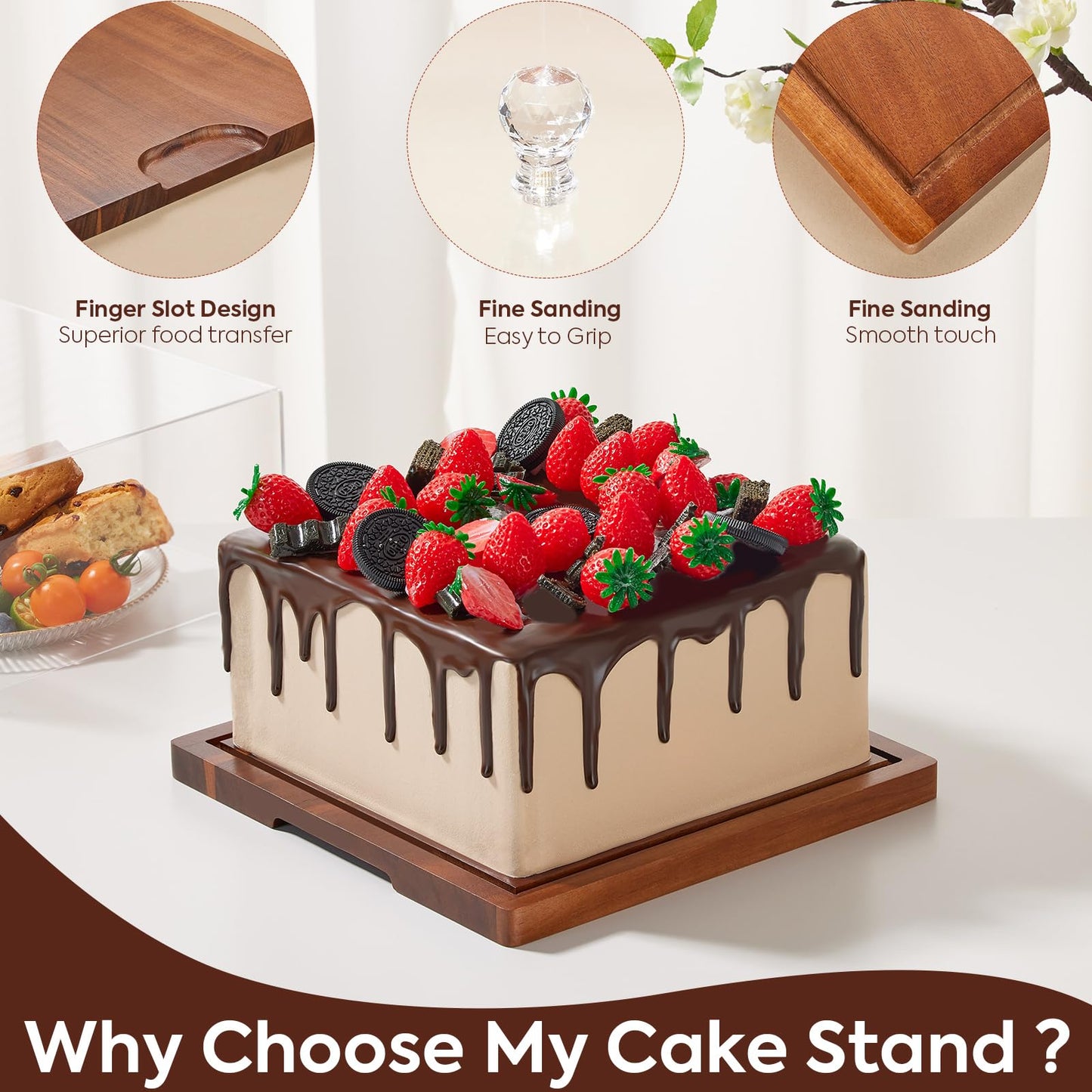 HouseJoy Acacia Wood Cake Stand with Lid-Extra Large 17" Rectangular Cake Holder,2-in-1 Dessert Table Display Set & Charcuterie Board,Acrylic Cake Dome Cover for Cheese/Veggie/Desert /Chips & Dip