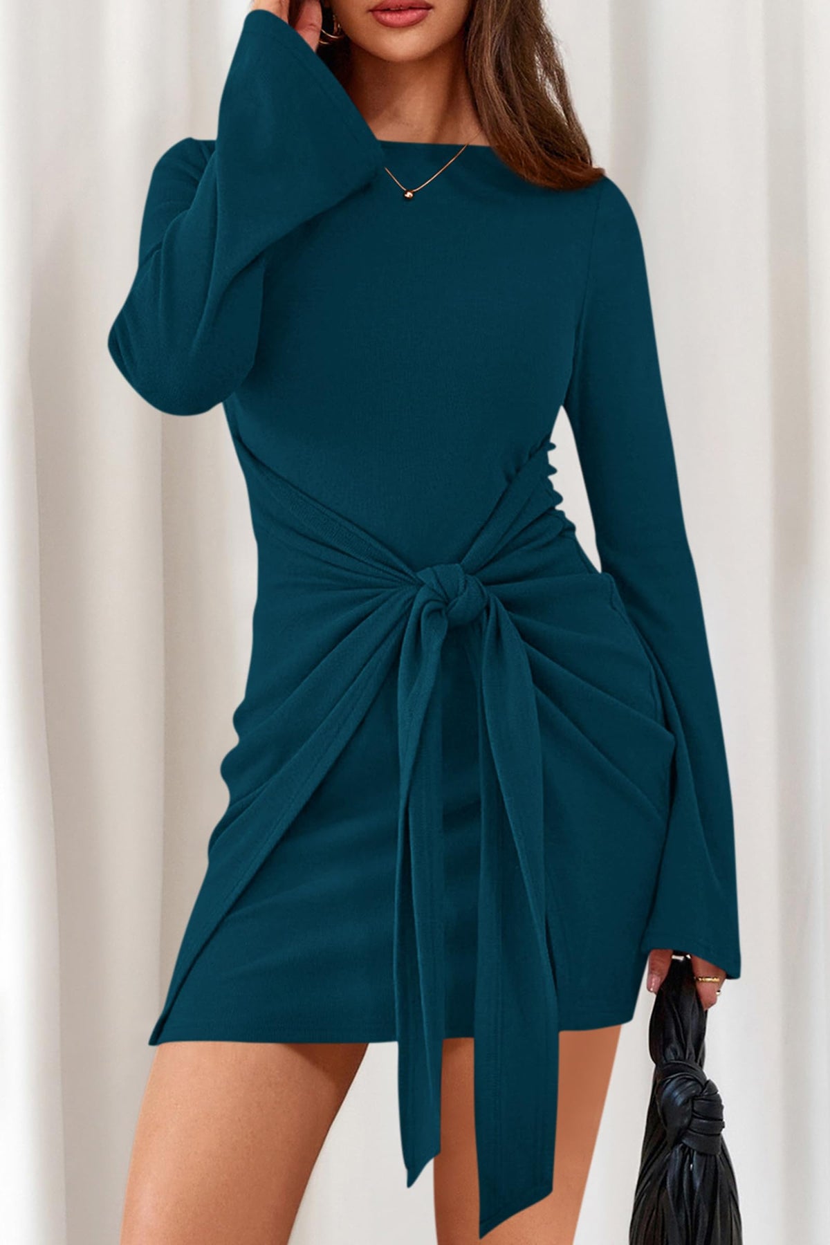 dowerme Women Bell Long Sleeve Tie Waist Bodycon Mini Dress