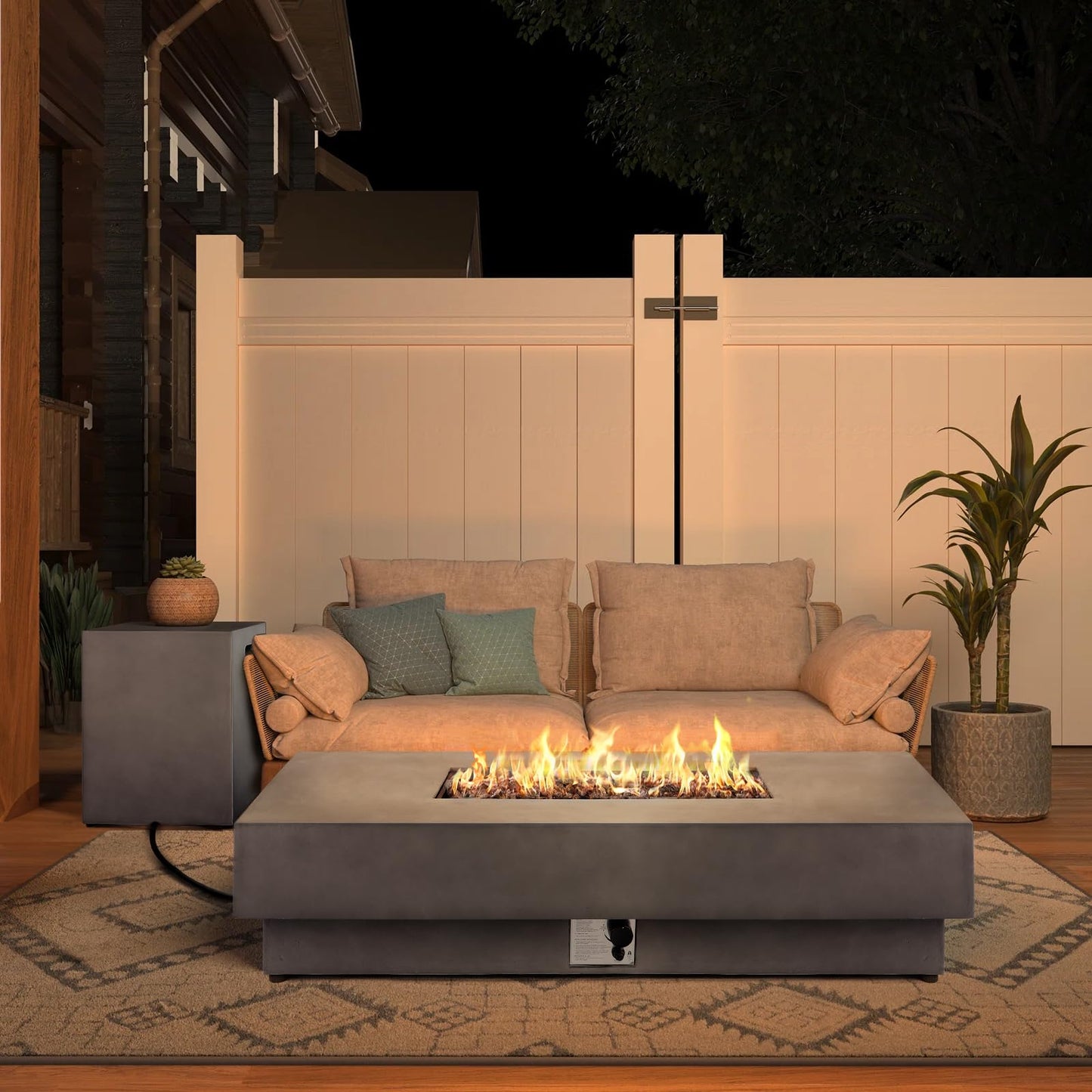31.5 Inch Round Propane Fire Pit Table - Concrete Round Fire Bowl 50,000 BTU Natural Gas Firepit Burner with Steel Lid, Lava Rocks, Waterproof Cover for Outside Patio, Backyard, Party