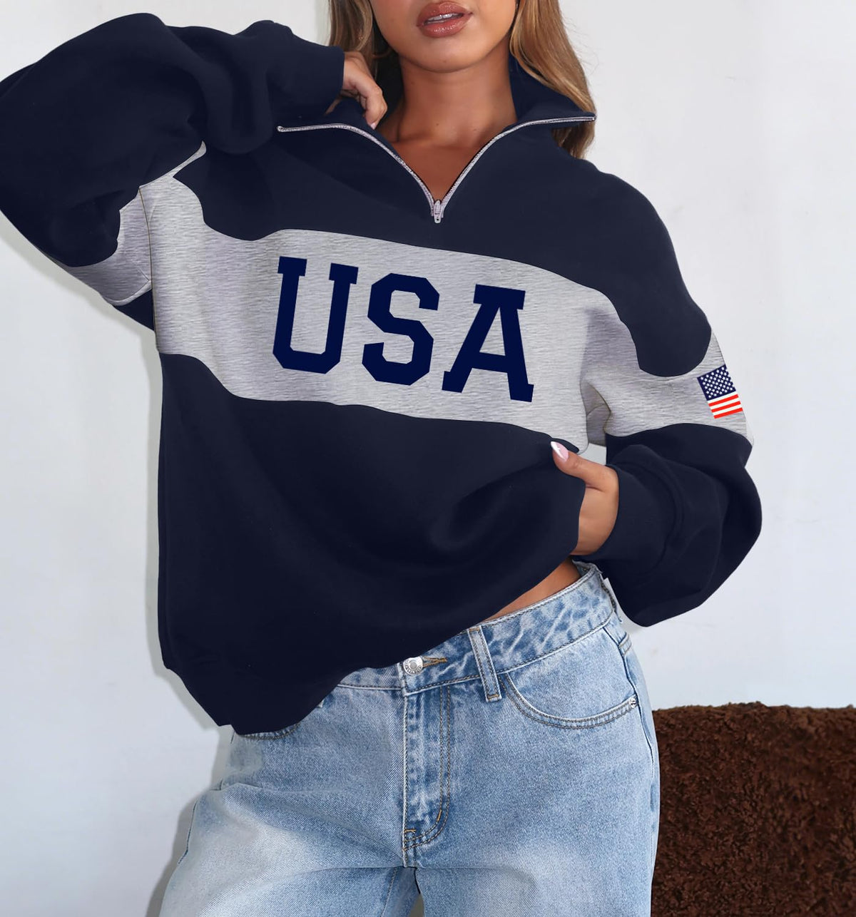 LEEDYA Women Long Sleeve American Flag Sweatshirts Half Zip USA Sweater