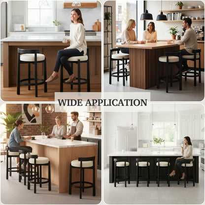 LukeAlon Mid Century Linen Counter Stools Set of 4, Upholstered 26.5” Seat Height Low Barstools with Natural Wood Legs Round Low Back Kitchen Stools with Footrest for Dining Room, Beige