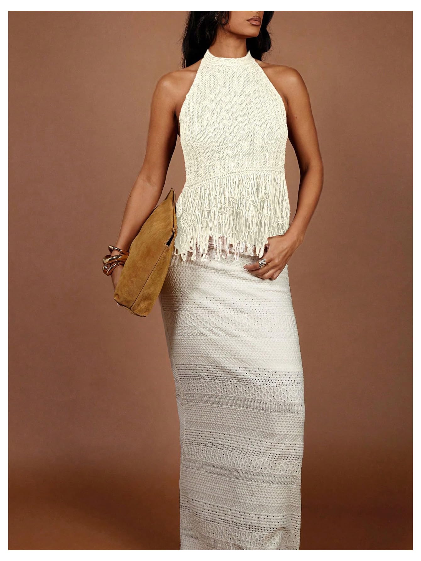 SweatyRocks Women's Boho Fringe Halter Tops Sleeveless Open Back Summer Knit Crochet Tank Top