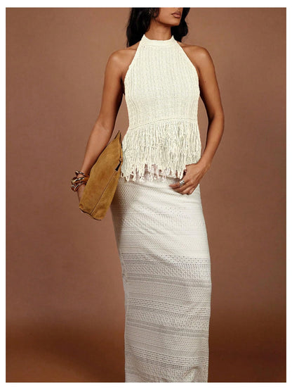 SweatyRocks Women's Boho Fringe Halter Tops Sleeveless Open Back Summer Knit Crochet Tank Top