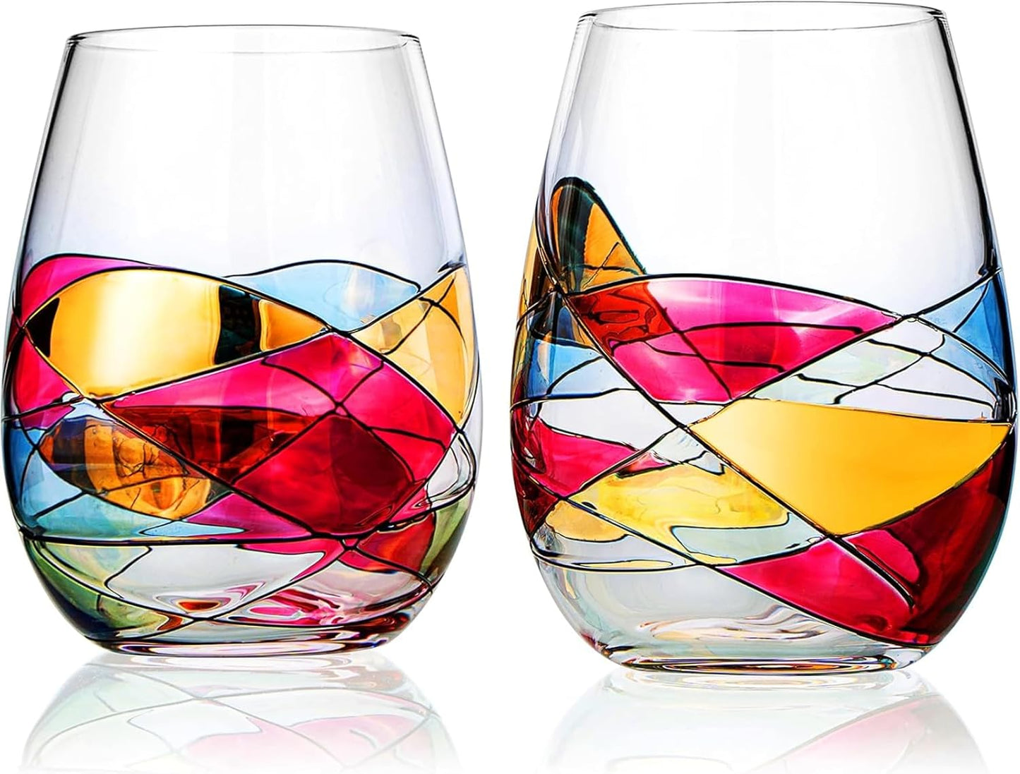Artisanal Hand Painted Stemless Wine Glasses - Everyday Celebrations, Gift Idea for Wife, Mom, Valentine, Holiday Renaissance Romantic Stain-glassed Windows, 2 Set - Gift Idea Birthday, Housewarming
