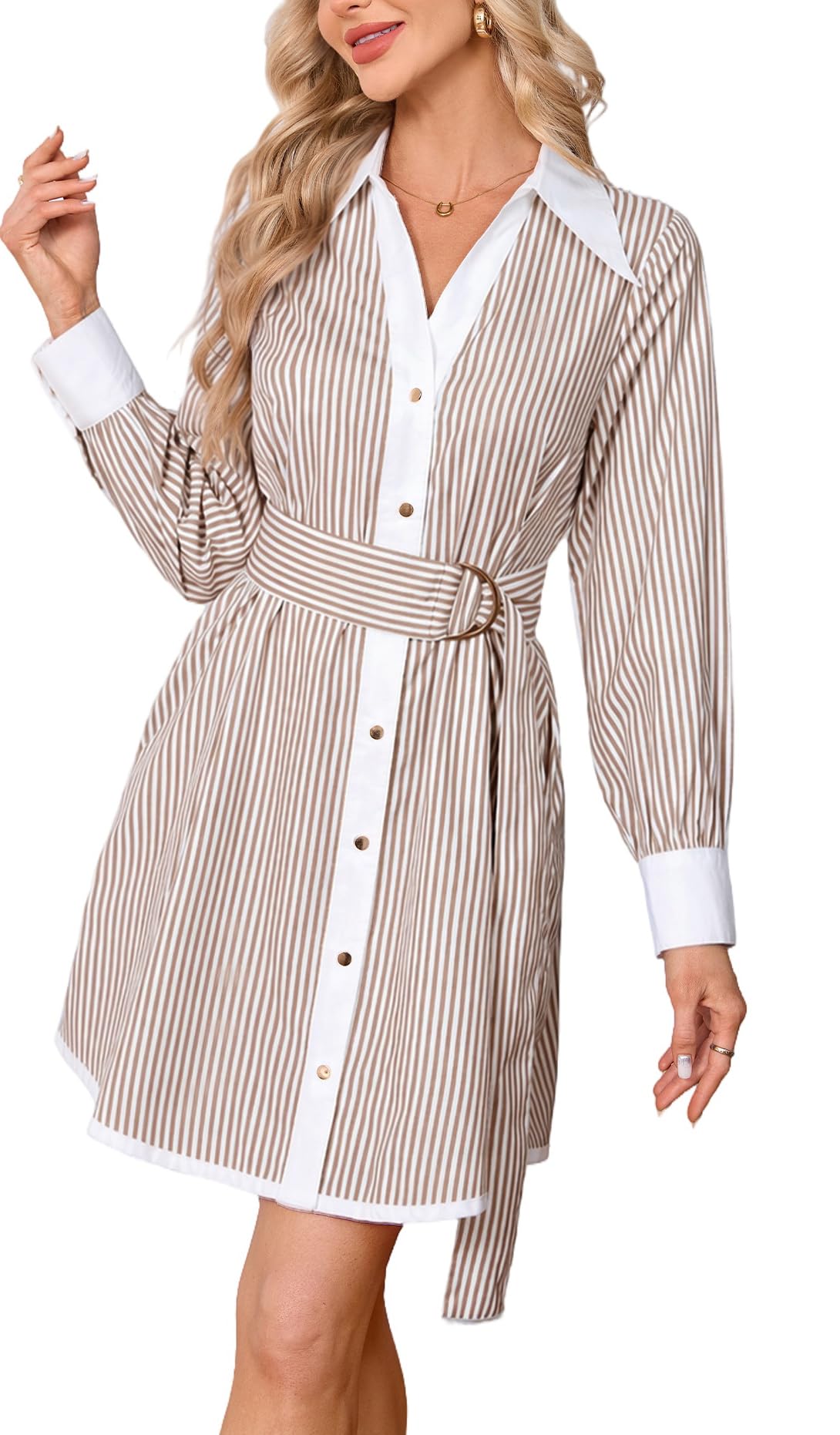 Womens Striped Long Sleeve Button Down Mini Shirt Dress V Neck Belted Dress
