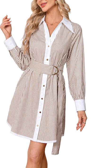 Womens Striped Long Sleeve Button Down Mini Shirt Dress V Neck Belted Dress