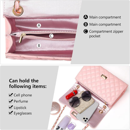 Quilted Leather Crossbody Bags for Women Trendy Ladies Shoulder Purse Satchel HandBag with Chain Strap