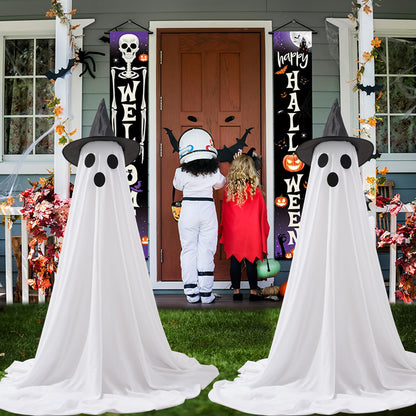 Set of 4 Halloween Hanging Ghosts, Halloween Decorations Outdoor Hanging Ghosts with Witch Hat,Glowing Ghost Witch Hat Lights, Light up Ghost Decor for Yard Patio Garden Tree Outside(4 Ghost Lighted)