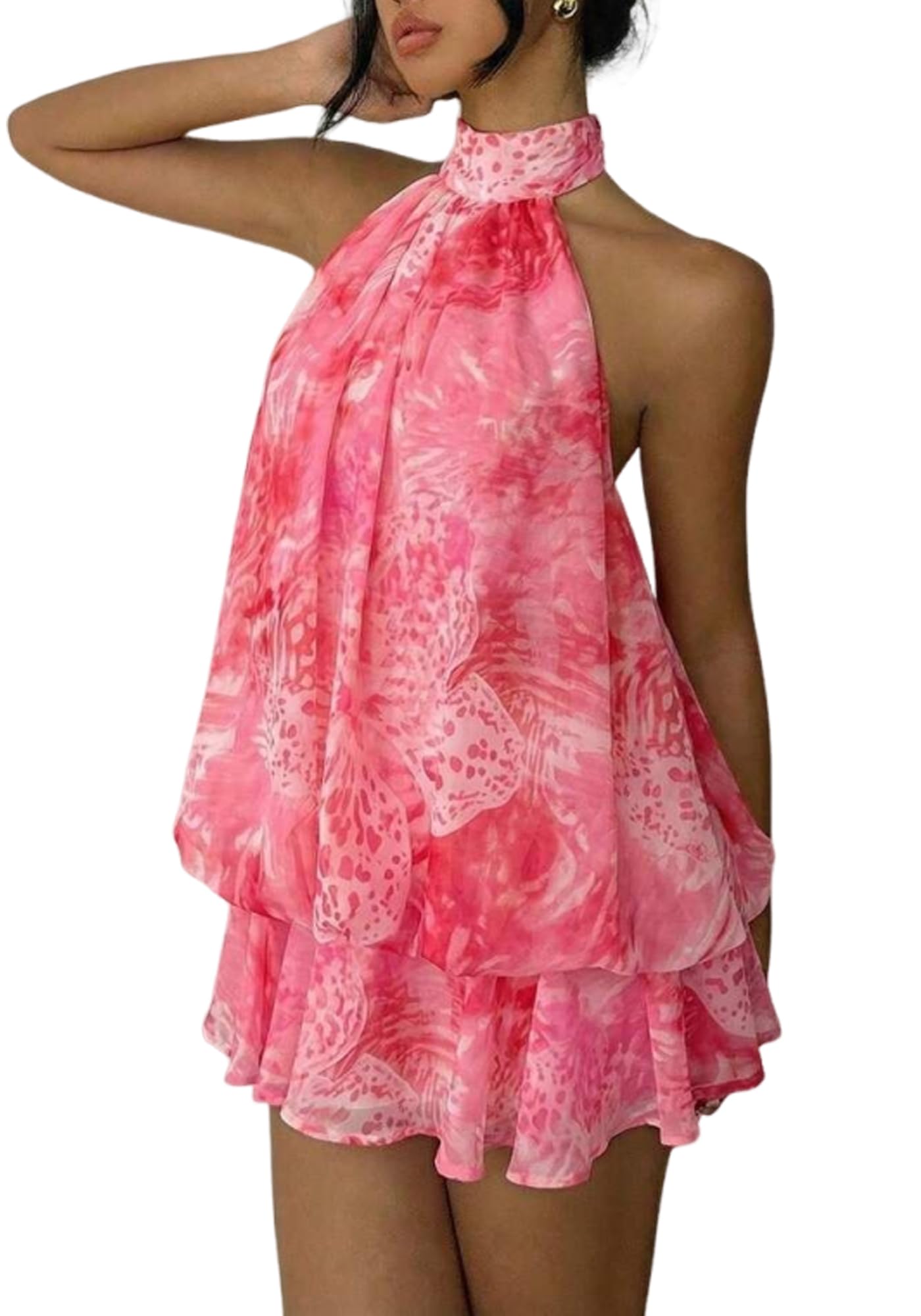 Women's Chiffon Halter Drop Waist Mini Dress Wedding Guest Dresses Ruffle Formal Club Holiday Brunch Outfits
