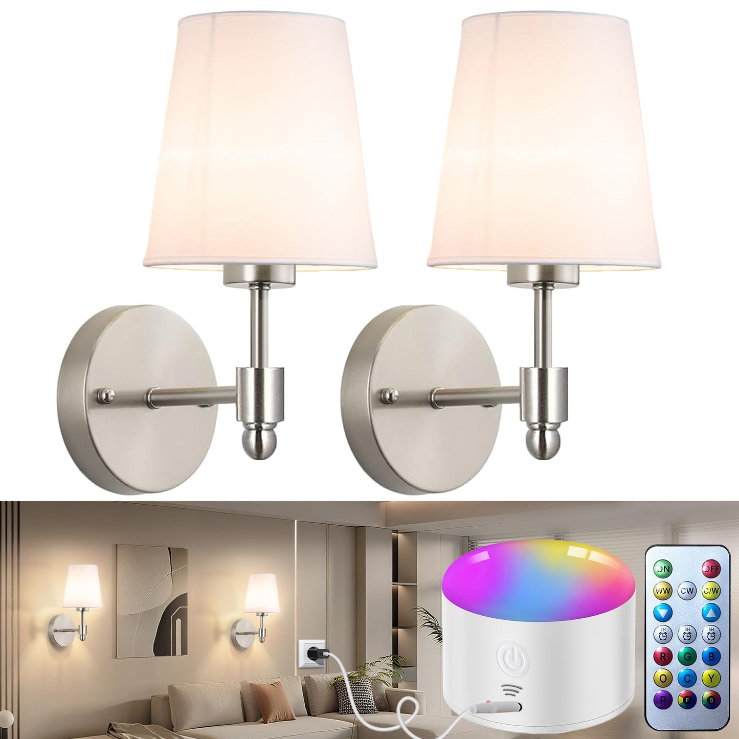 YHCDLAMP Battery Operated Wall Sconce Light with Remote Control, Dimmable Wall Sconce Set of 2 with White Fabric Shade, Wireless Battery Operated Wall Lamp for Bedroom Living Room, Bulb Included