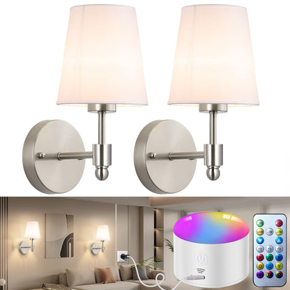 YHCDLAMP Battery Operated Wall Sconce Light with Remote Control, Dimmable Wall Sconce Set of 2 with White Fabric Shade, Wireless Battery Operated Wall Lamp for Bedroom Living Room, Bulb Included