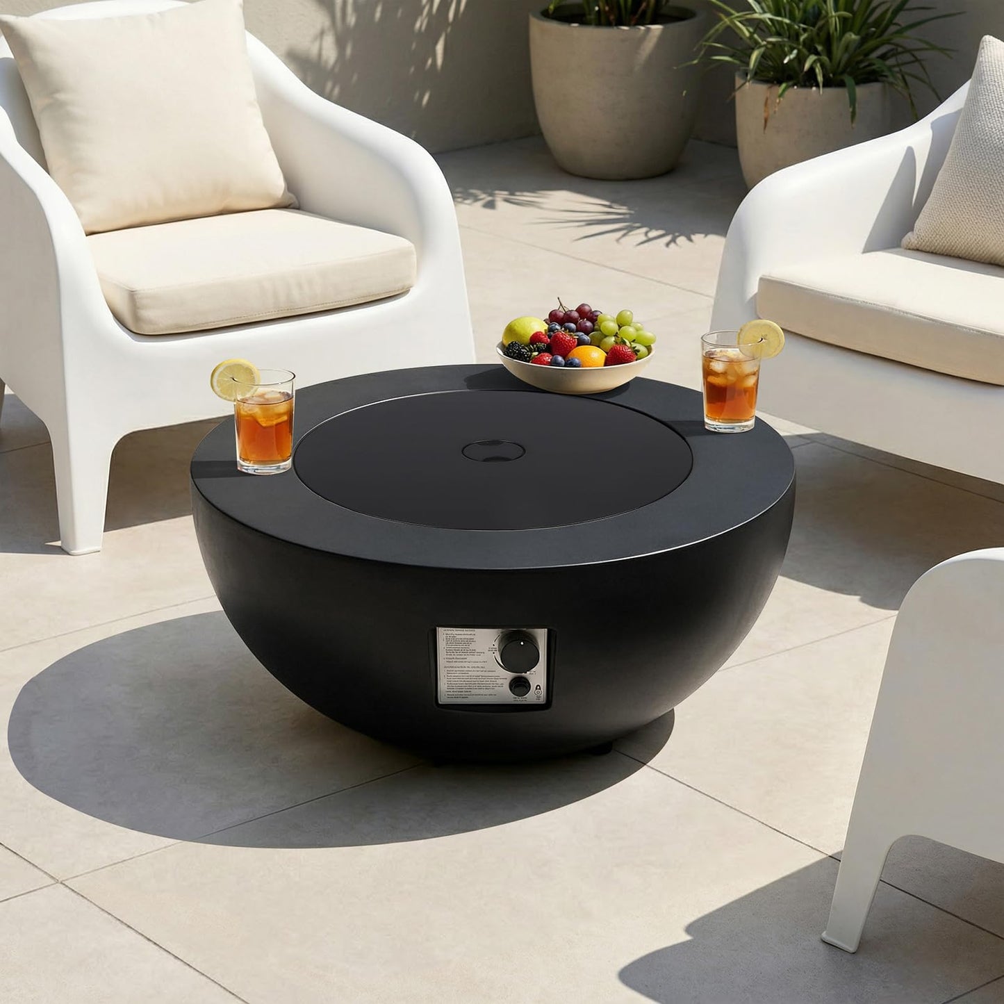 31.5 Inch Round Propane Fire Pit Table - Concrete Round Fire Bowl 50,000 BTU Natural Gas Firepit Burner with Steel Lid, Lava Rocks, Waterproof Cover for Outside Patio, Backyard, Party