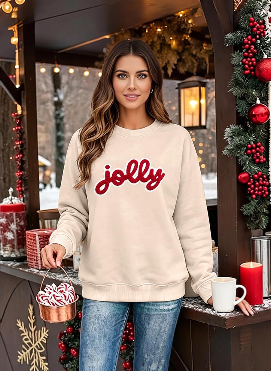 Christmas Sweatshirts For Women Jolly Glitter Patch Striped Sweater