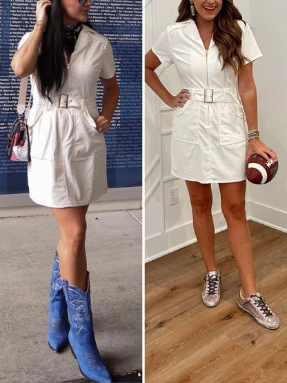 Doshoop Women's Corduroy Mini Dress Short Sleeve Cowboy Dresses