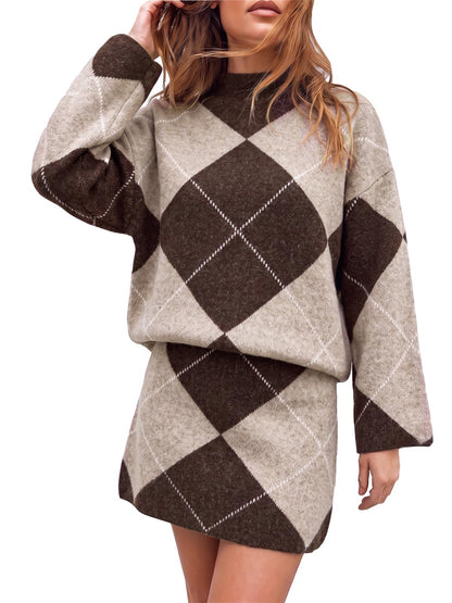 Cicy Bell Women Mock Neck Argyle Sweater 2 Piece Outfits Mini Skirt Sets