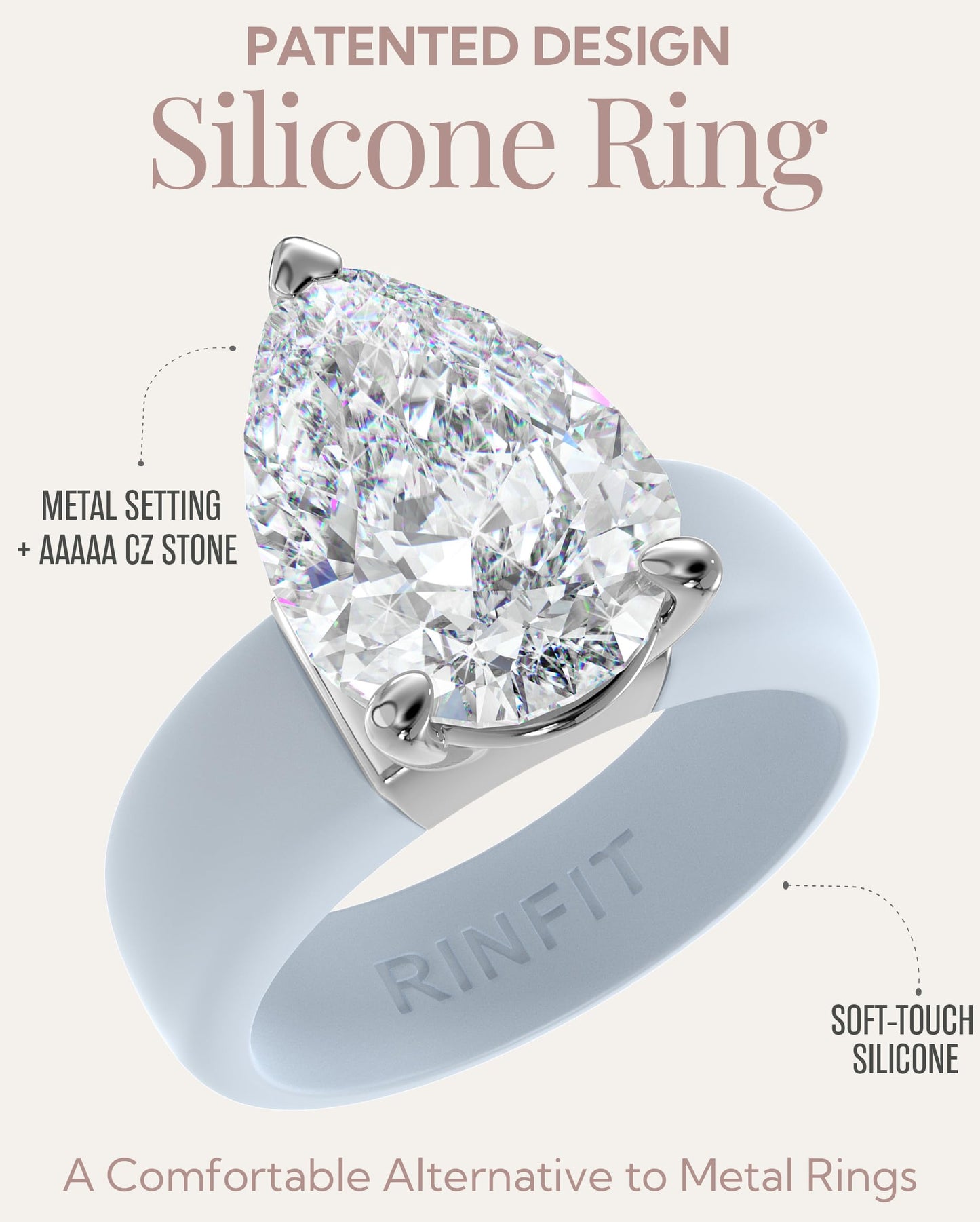 Rinfit Silicone Ring with Stone - Pear Cut Cubic Zirconia Solitaire Engagement Ring for Women - Rubber Wedding Bands - Patent Pending