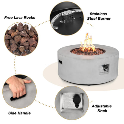 31.5 Inch Round Propane Fire Pit Table - Concrete Round Fire Bowl 50,000 BTU Natural Gas Firepit Burner with Steel Lid, Lava Rocks, Waterproof Cover for Outside Patio, Backyard, Party