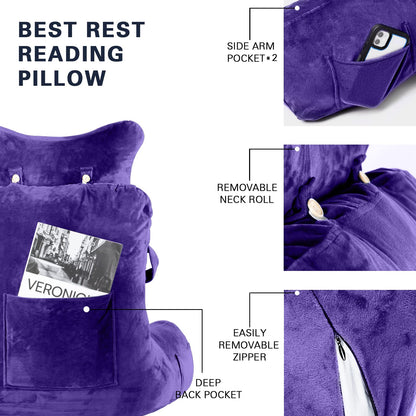 Reading Pillow-Extra Large 31" Bed Rest Pillow with Detachable Neck Roll & Arms for Sitting in Bed or Couch-Backrest Reading Pillow Adult Back Pillows for Reading,Watching TV,Gaming,Relaxing-Black