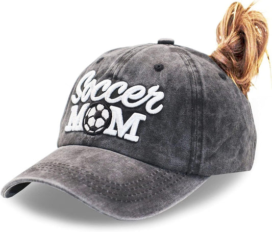 Soccer Mom Ponytail Baseball Cap Messy Bun Vintage Washed Distressed Twill Plain Hat for Women (Soccer Mom 3D Black, One Size)