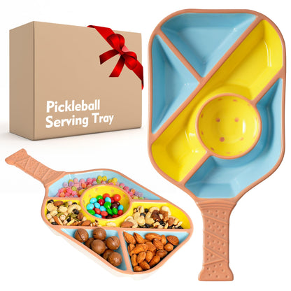 Pickleball Snack Serving Tray - Ceramic Bat Shaped Snack Platter with 5 Compartments & Dip Bowl