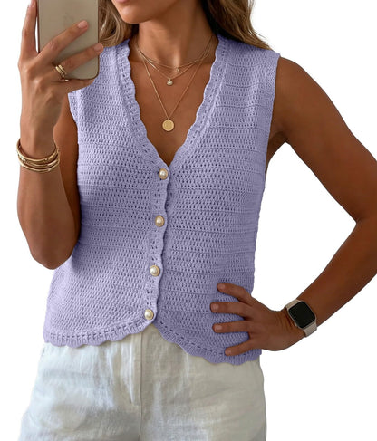 GRECERELLE Women's Summer Sleeveless V Neck Sweater Vest Knit Tank Top | Button Front Closure, Crochet Knit Design, Casual Style, Cropped Fit, Versatile Layering, for Office, Travel