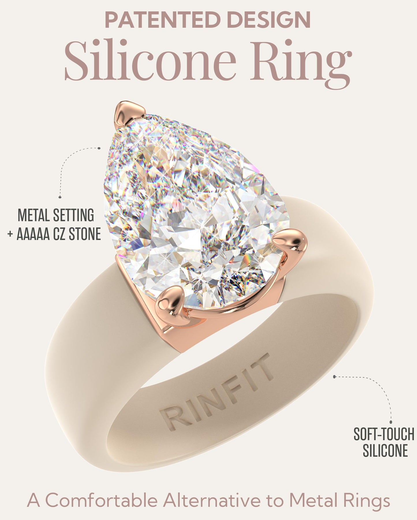 Rinfit Silicone Ring with Stone - Pear Cut Cubic Zirconia Solitaire Engagement Ring for Women - Rubber Wedding Bands - Patent Pending
