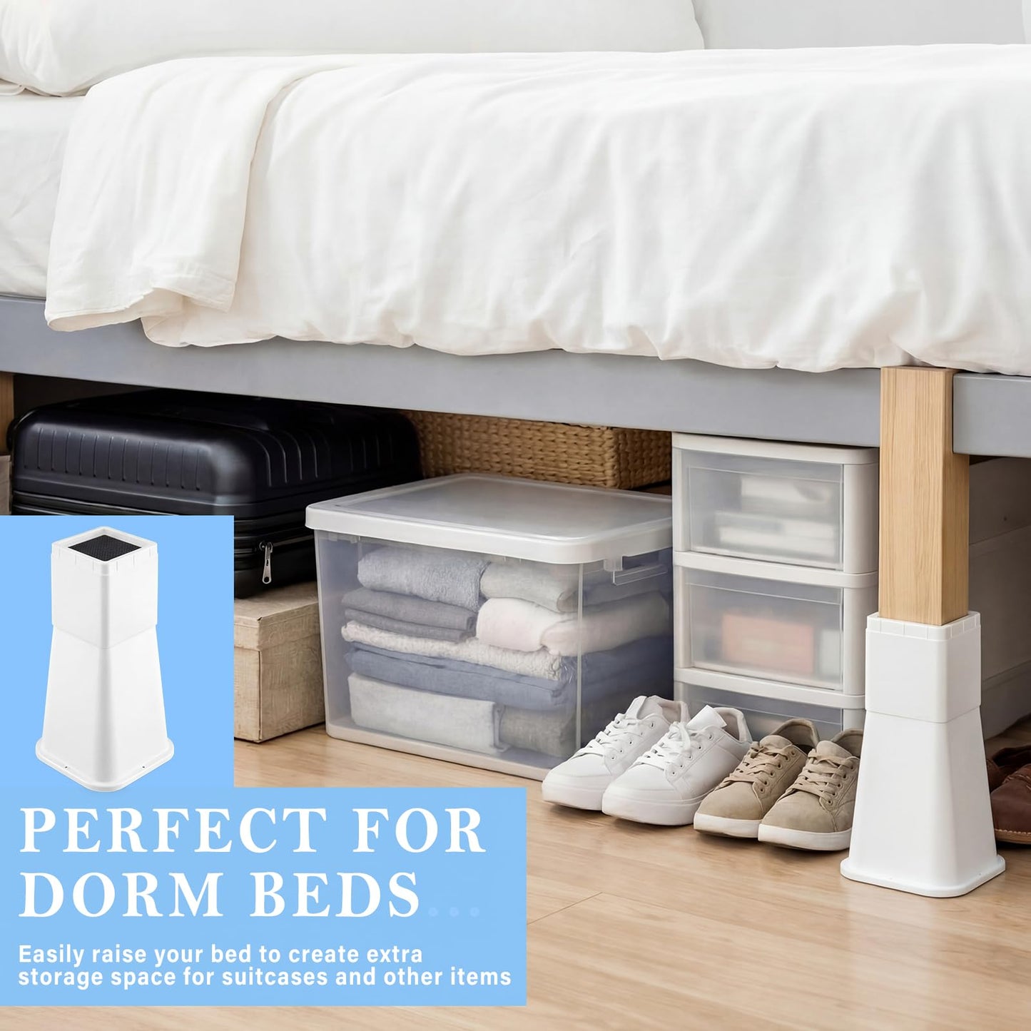 Novabright 4 Pack 12 Inch College Dorm Bed Risers Heavy Duty Extra Plastic Dorm Bed Extender Stackable Furniture Risers for College Room Storage Sofa Table Desk Couch Chair(White)