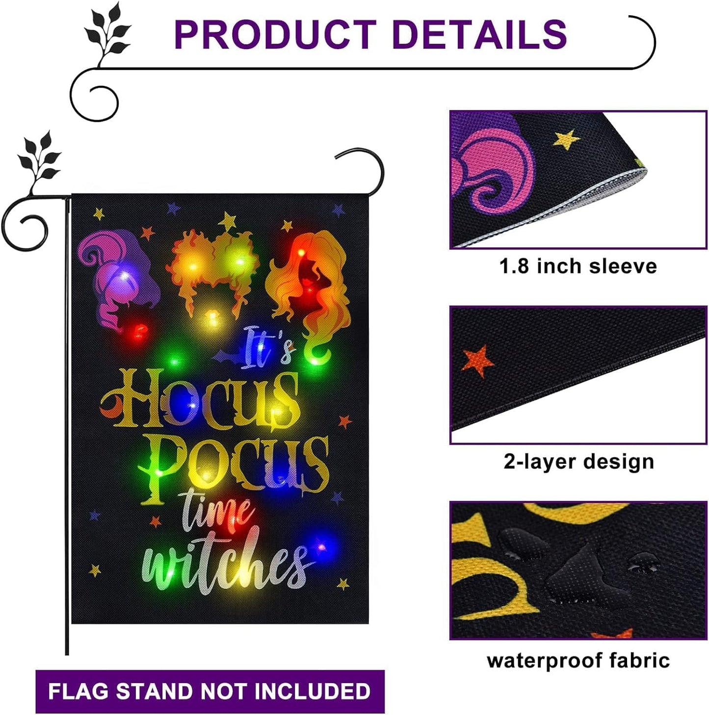 Halloween Lighted Garden Flag for Outside, Led Solar Yard Flag 8 Modes Witch Feet Shape Flag, 28x40 Double Sided Cauldron Eyeball Black Cat Decorations for Home Porch