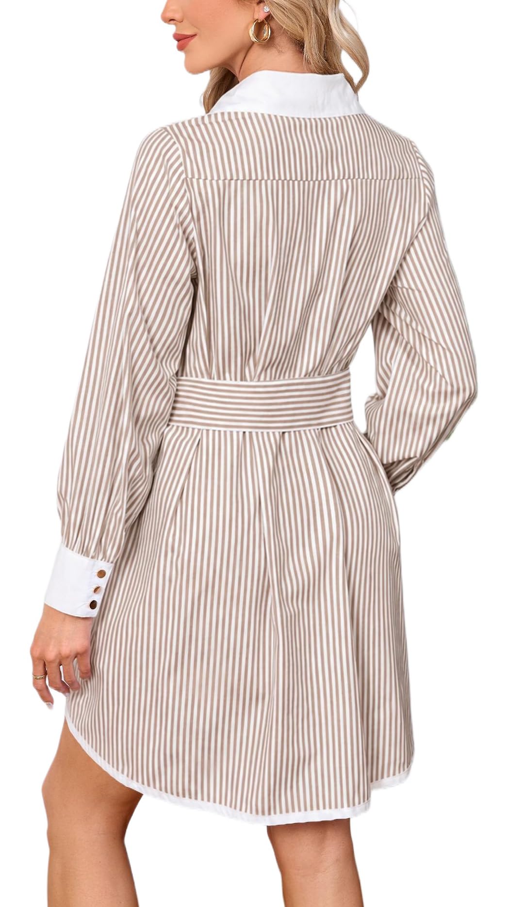 Womens Striped Long Sleeve Button Down Mini Shirt Dress V Neck Belted Dress