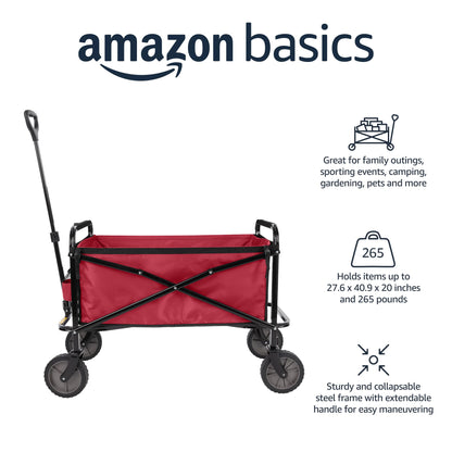 Amazon Basics Collapsible Heavy Duty Utility Wagon for Outdoor Sports, Camping, Garden, and Shopping, 265 Pounds Capacity, 27.6 x 40.9 x 20 inches, Black