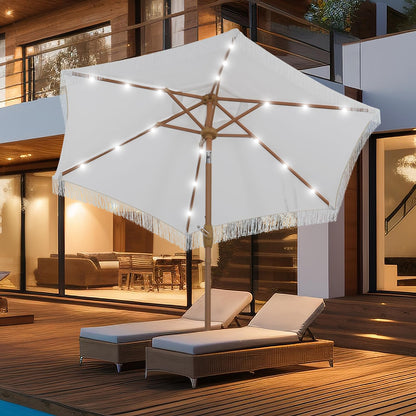 GDY 7.5ft Tassel Patio Umbrella and Matching Base, Outdoor Table Umbrella with 18 LED Lights,Market Umbrella with 6 Sturdy Ribs, with Push Button Tilt and Crank, Bright White