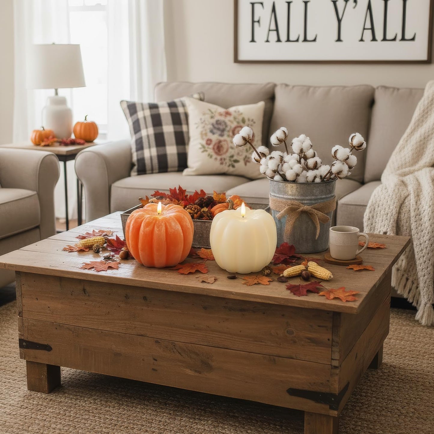 Fall Decor, Fall Decorations for Home - Flameless Pumpkin Candle with Timer Remote - Room Bedroom Table Farmhouse Decor for Halloween, Thanksgiving, Orange+White