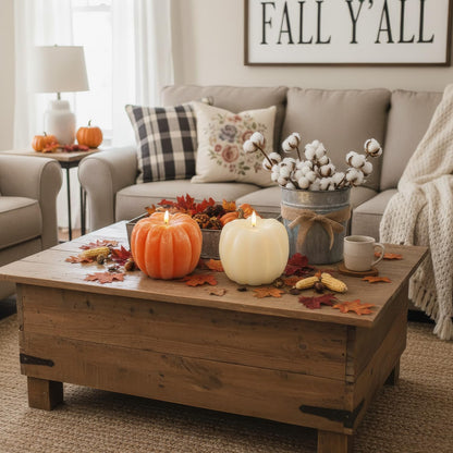 Fall Decor, Fall Decorations for Home - Flameless Pumpkin Candle with Timer Remote - Room Bedroom Table Farmhouse Decor for Halloween, Thanksgiving, Orange+White