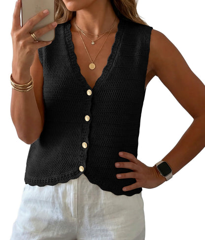 GRECERELLE Women's Summer Sleeveless V Neck Sweater Vest Knit Tank Top | Button Front Closure, Crochet Knit Design, Casual Style, Cropped Fit, Versatile Layering, for Office, Travel