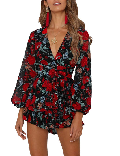 AIMCOO Women's Floral Print Deep V-Neck Romper Double Layer Ruffle Hem Jumpsuits Long Baggy Sleeves Waist Tie Short Rompers