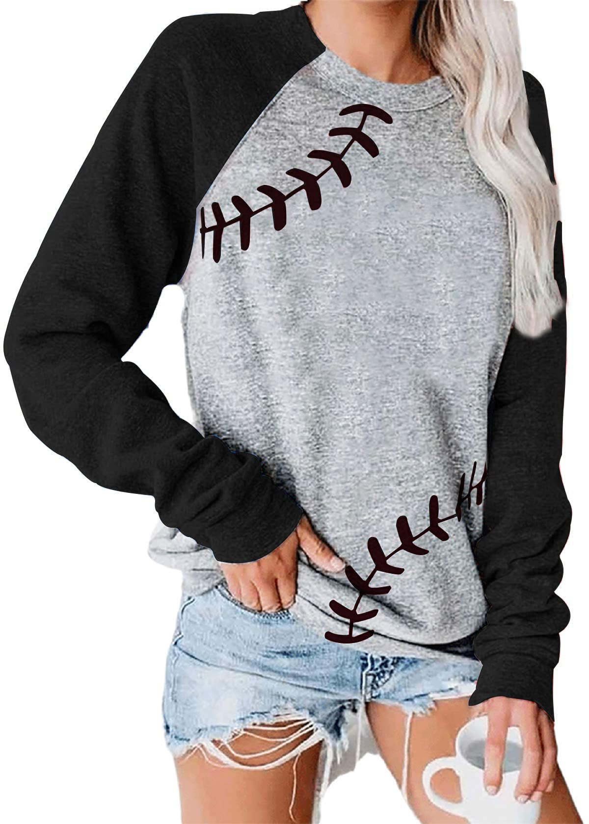 Womens Long Sleeve Baseball Mom American Flag Star Sweatshirt