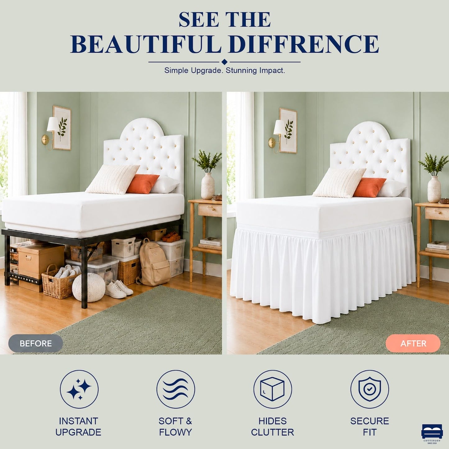 Cottingon Dorm Room Bed Skirt Twin XL, White Microfiber Dust Ruffle, 32 Inch Drop, Fits Standard College Beds 39 x 80, Under Bed Storage Cover, College Dorm Room Essentials, Back to School Bedding